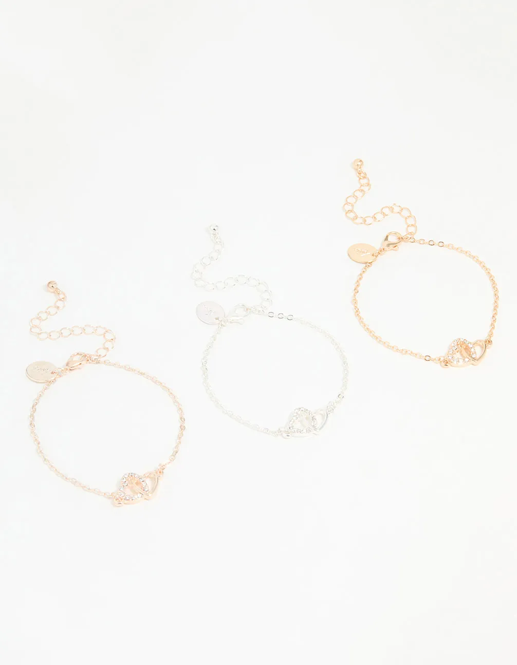 Mixed Metal Diamante Double Heart Bracelets 3-Pack