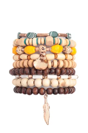 MULTI BEADS WOOD FEATHER PENDANT LAYERED VERSATILE CHARM BRACELET