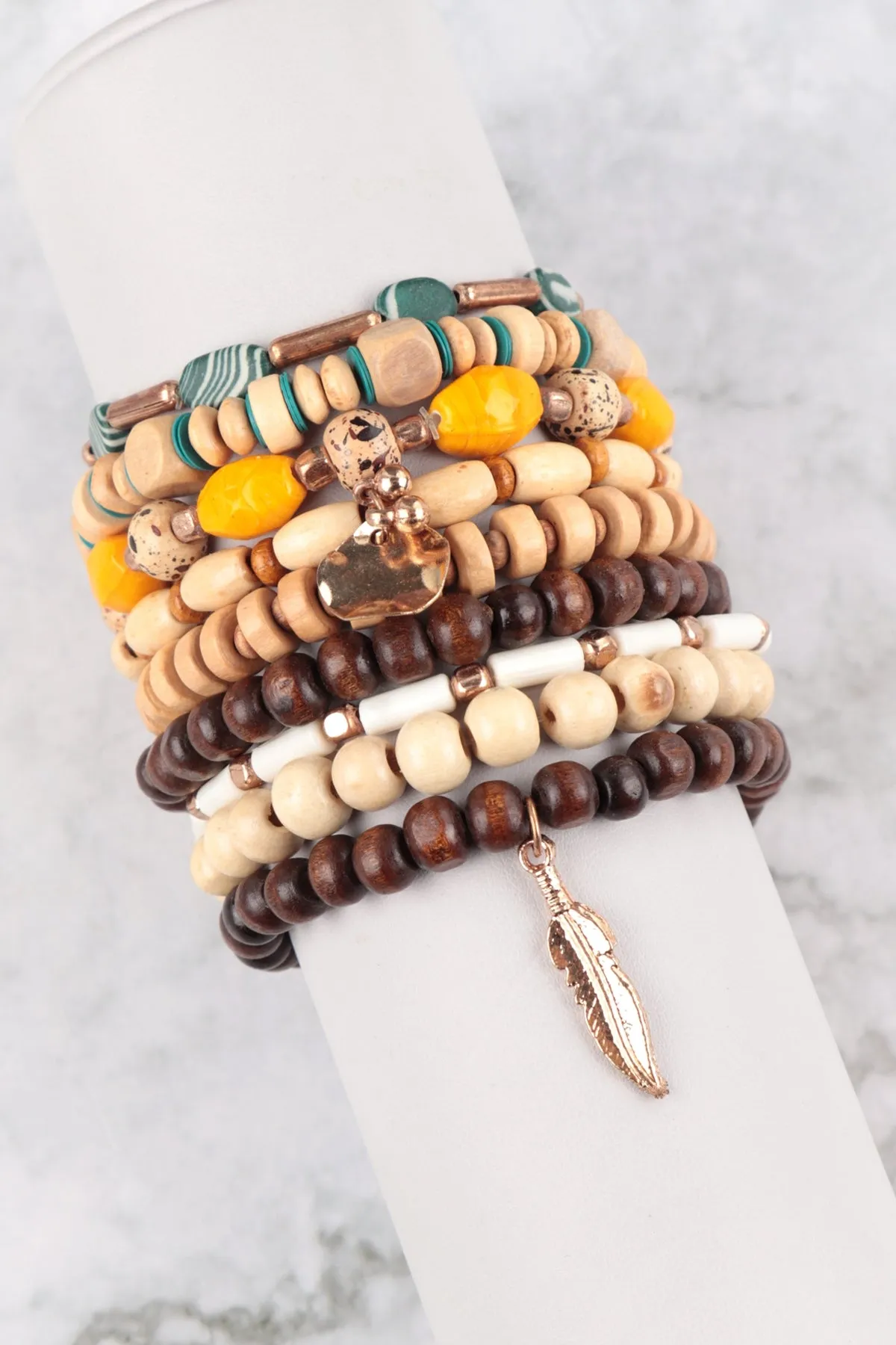 MULTI BEADS WOOD FEATHER PENDANT LAYERED VERSATILE CHARM BRACELET