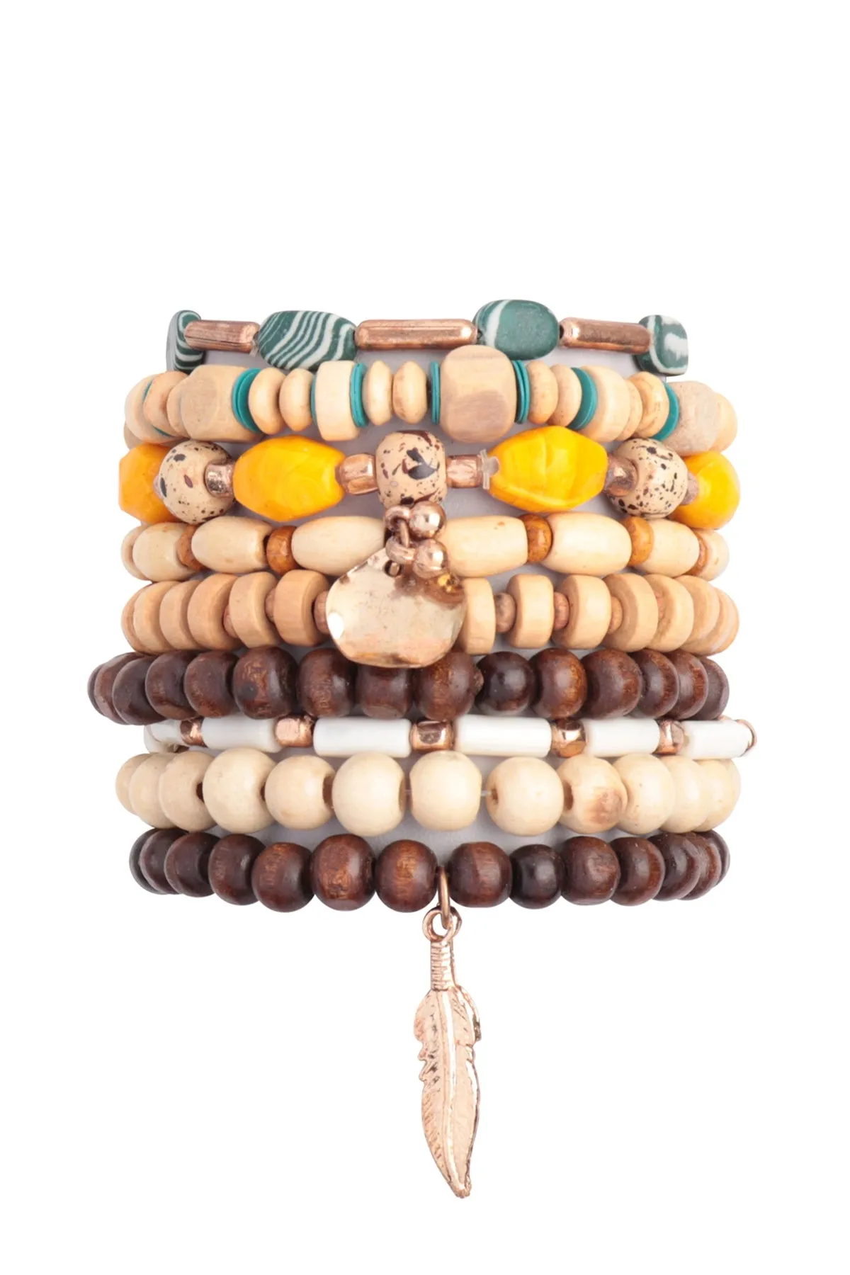 MULTI BEADS WOOD FEATHER PENDANT LAYERED VERSATILE CHARM BRACELET