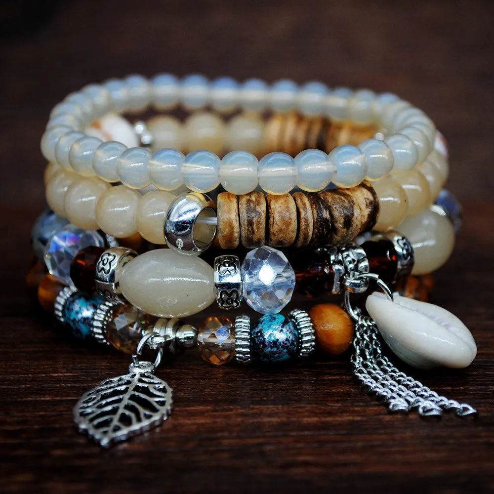 Multi-layer Elastic Rope Handmade Beaded Bracelet Natural Shell Bracelet Wooden Beads