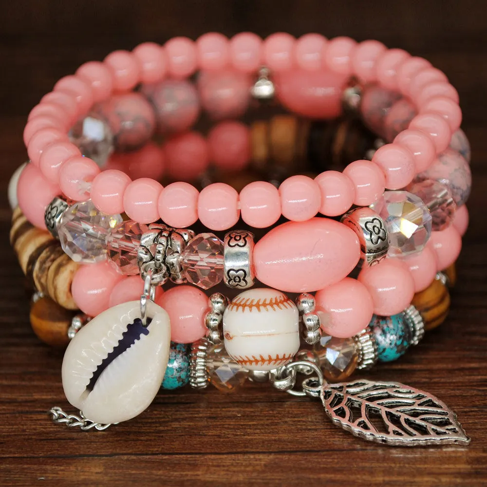 Multi-layer Elastic Rope Handmade Beaded Bracelet Natural Shell Bracelet Wooden Beads