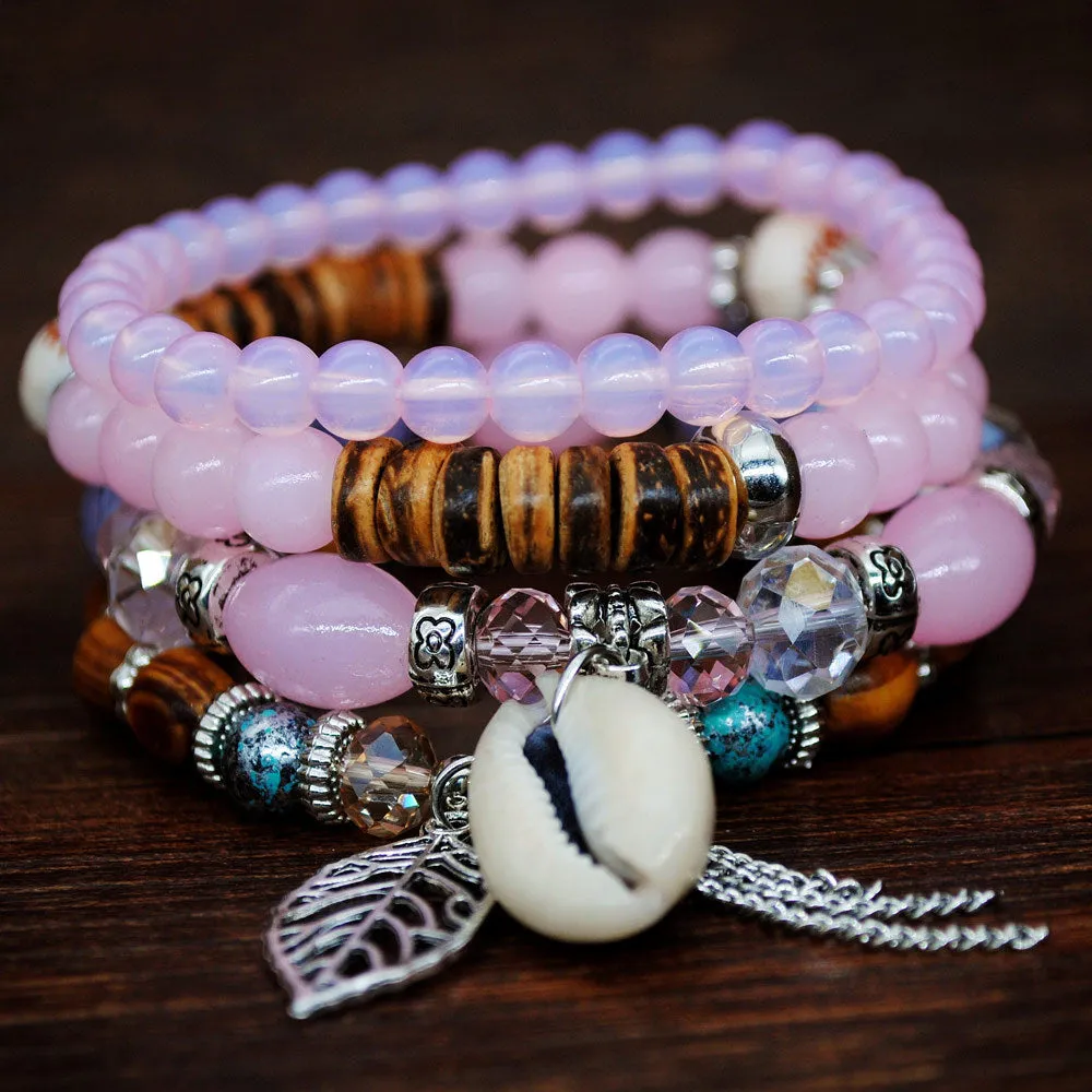 Multi-layer Elastic Rope Handmade Beaded Bracelet Natural Shell Bracelet Wooden Beads