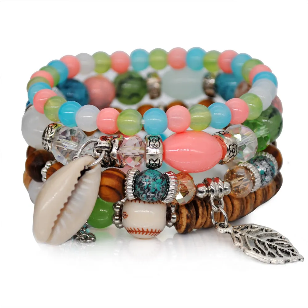 Multi-layer Elastic Rope Handmade Beaded Bracelet Natural Shell Bracelet Wooden Beads