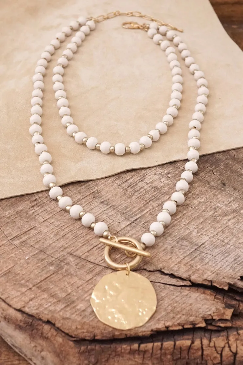 Multi Strand Wooden Beads Short Coin Necklace in Cream and G