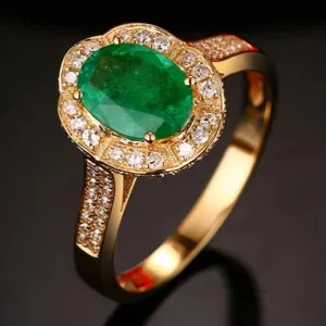 Natural Green Gemstone Emerald Ring 14K Yellow Gold Women's Party Fine Jewelry