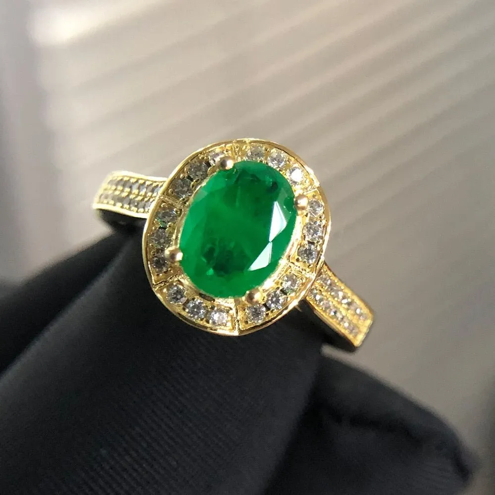 Natural Green Gemstone Emerald Ring 14K Yellow Gold Women's Party Fine Jewelry