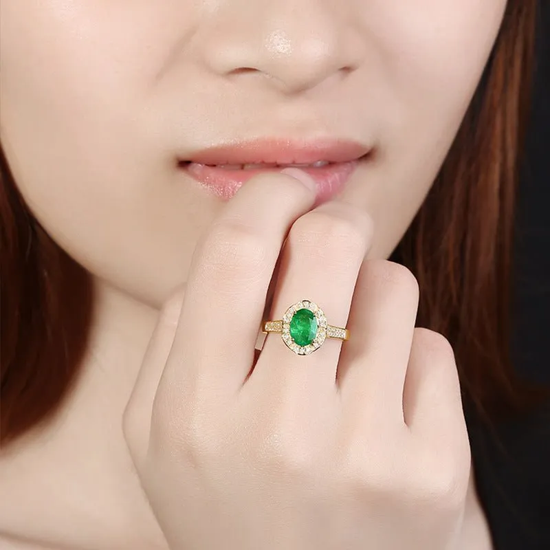 Natural Green Gemstone Emerald Ring 14K Yellow Gold Women's Party Fine Jewelry