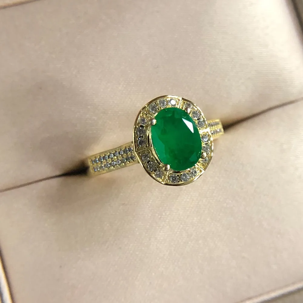 Natural Green Gemstone Emerald Ring 14K Yellow Gold Women's Party Fine Jewelry