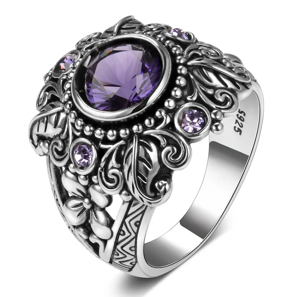 Nature Vintage Amethyst 925 Sterling Silver RingPurple stone Women's Wedding