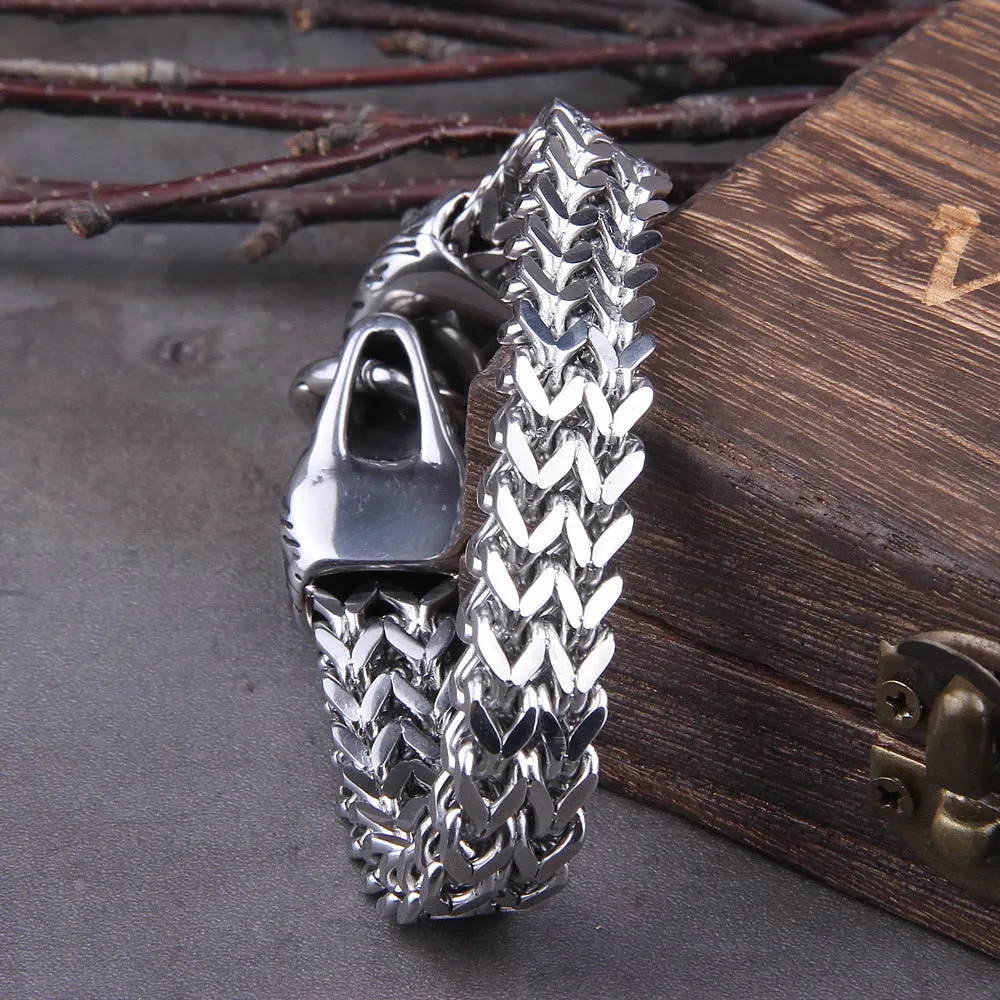 Never Fade Rock Viking Wolf Charm Bracelet Men's Stainless Steel Mesh Chain Gold Wolf Punk Bracelets Biker Jewelry