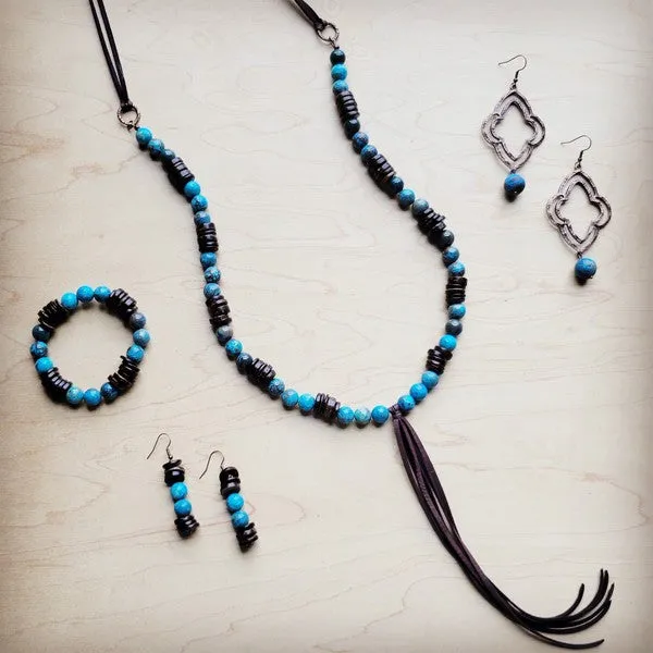 Ocean Agate and Wood Drop Earrings