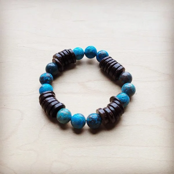 Ocean Agate and Wood Stretch Bracelet