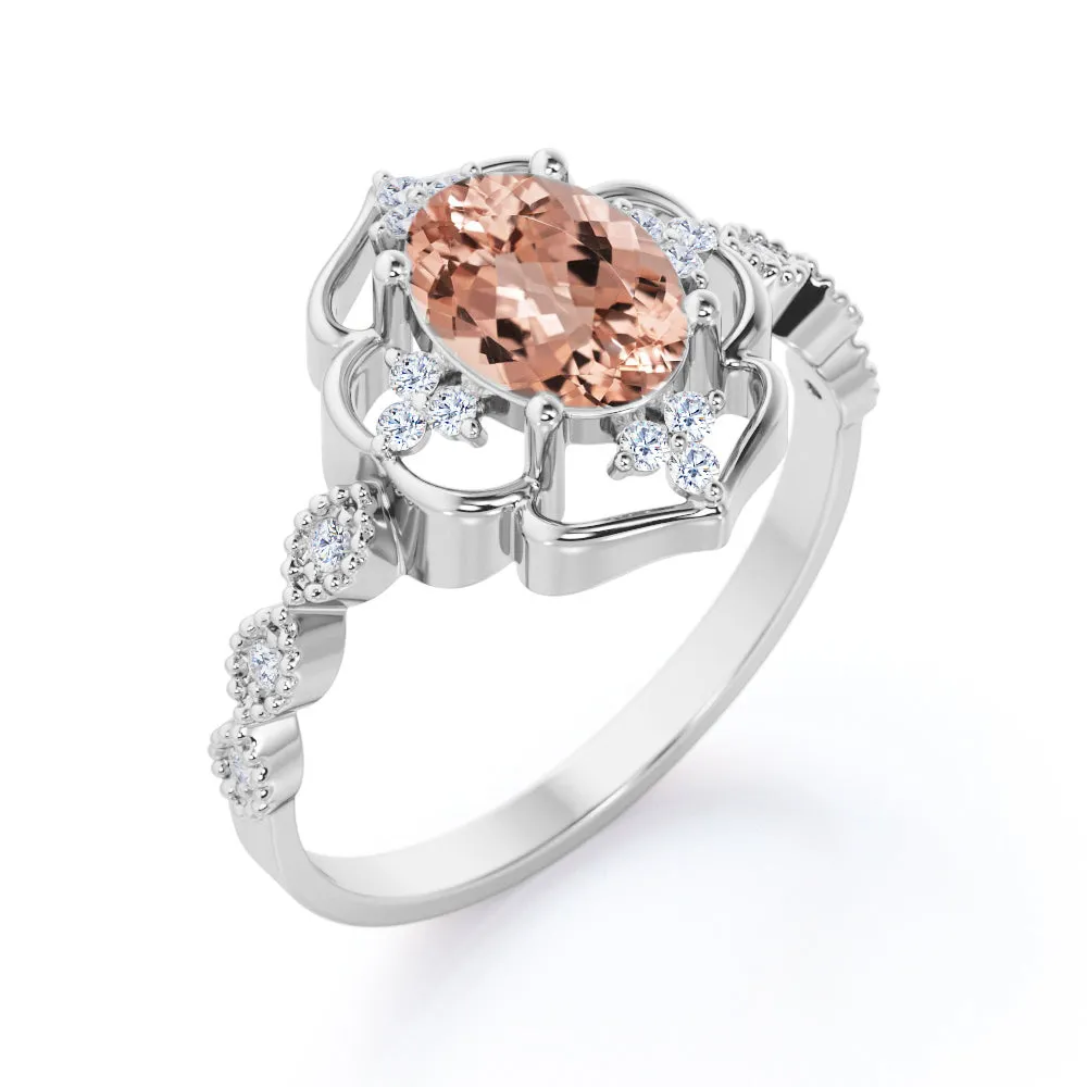 Open Halo style 1.2 carat Oval cut Morganite and diamond floral milgrain engagement ring in Yellow gold