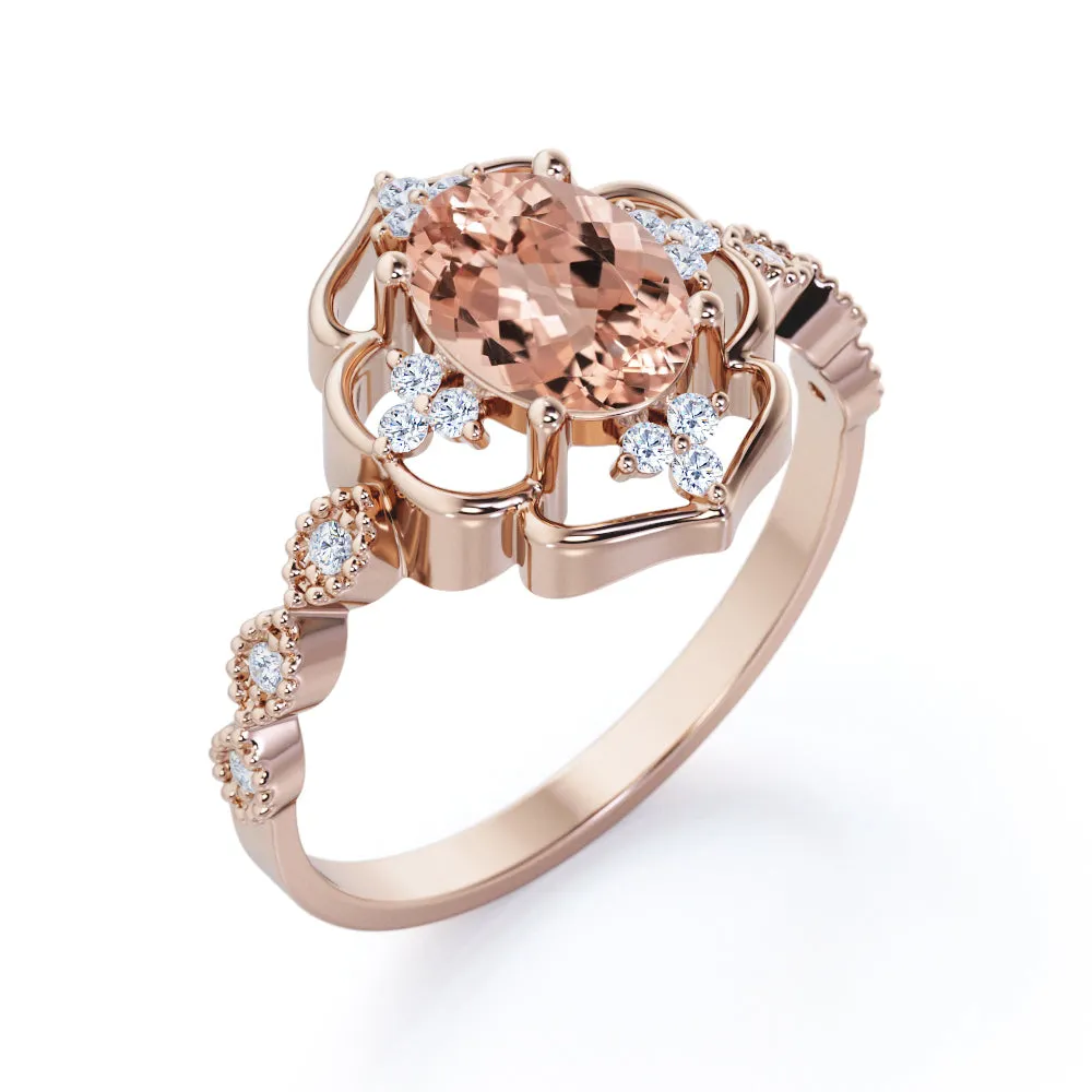 Open Halo style 1.2 carat Oval cut Morganite and diamond floral milgrain engagement ring in Yellow gold