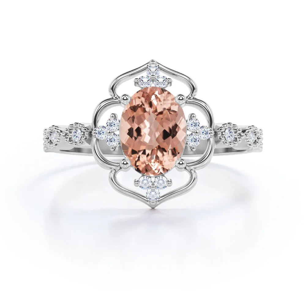 Open Halo style 1.2 carat Oval cut Morganite and diamond floral milgrain engagement ring in Yellow gold
