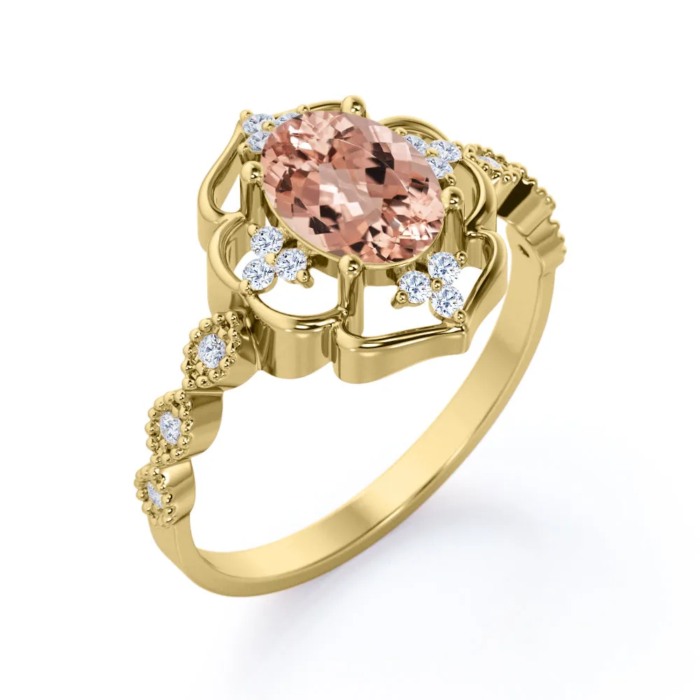 Open Halo style 1.2 carat Oval cut Morganite and diamond floral milgrain engagement ring in Yellow gold