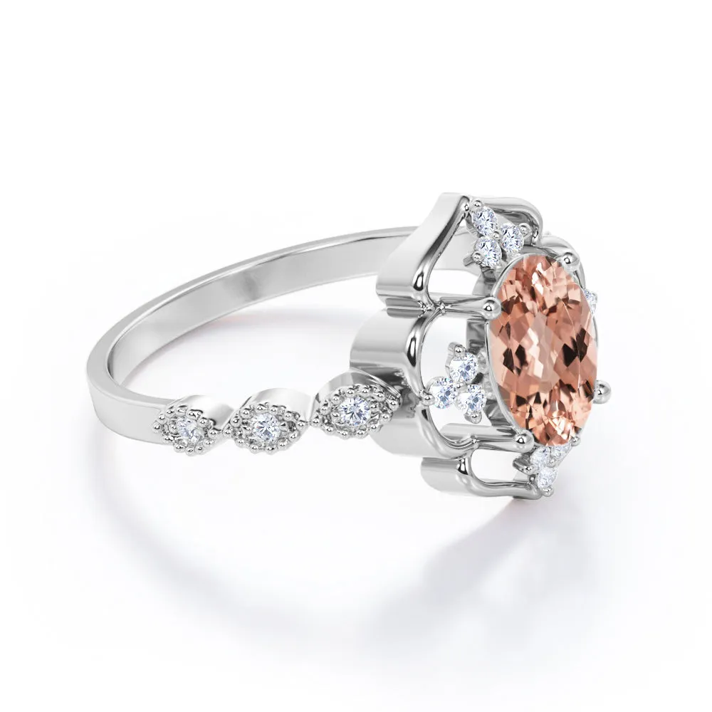 Open Halo style 1.2 carat Oval cut Morganite and diamond floral milgrain engagement ring in Yellow gold