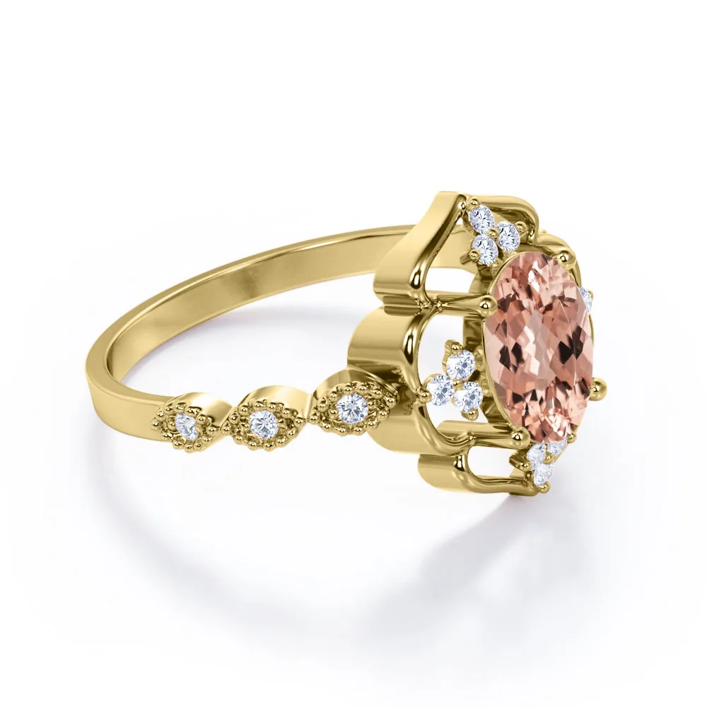 Open Halo style 1.2 carat Oval cut Morganite and diamond floral milgrain engagement ring in Yellow gold