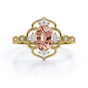 Open Halo style 1.2 carat Oval cut Morganite and diamond floral milgrain engagement ring in Yellow gold