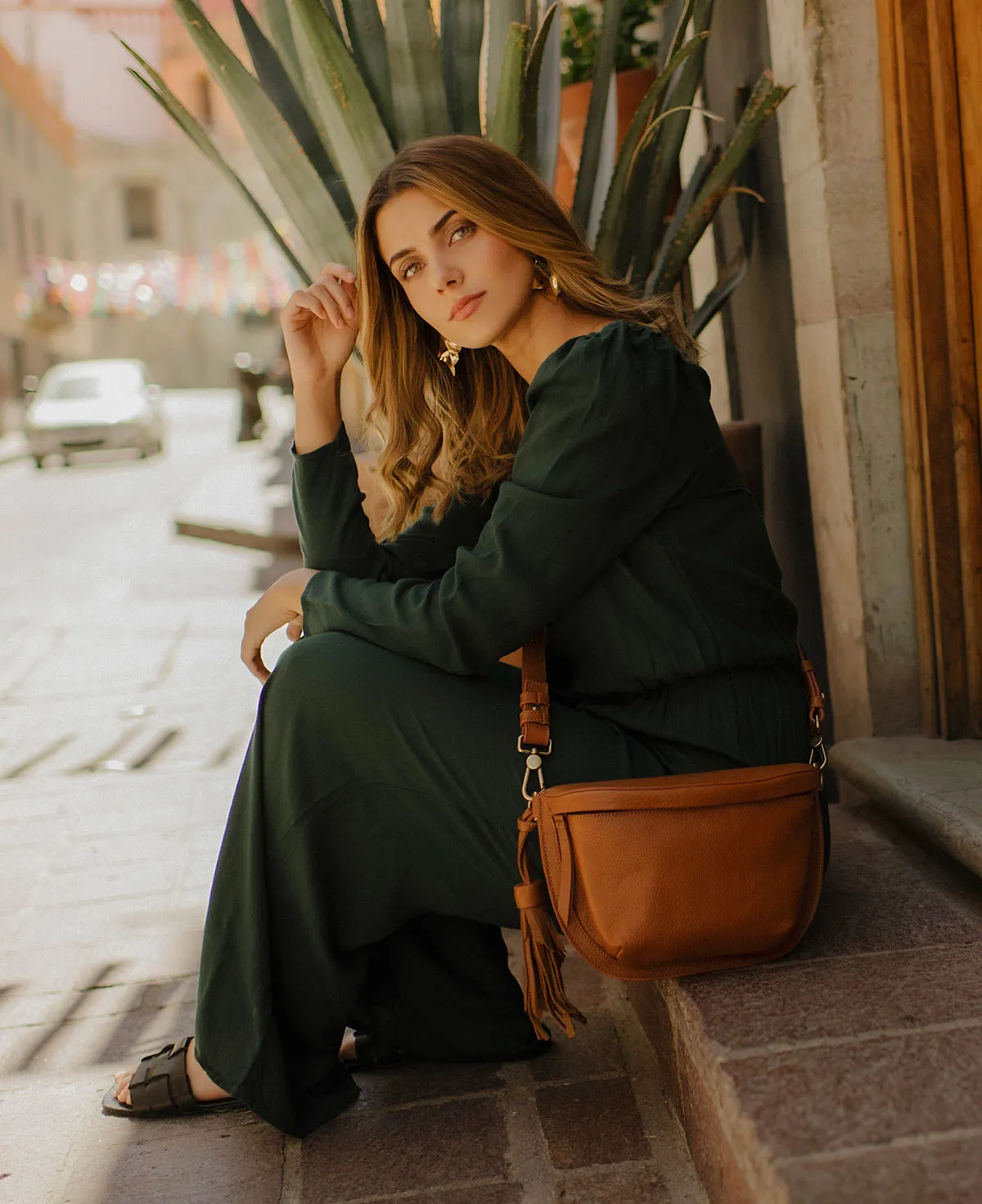 Pale Brown Tan Leather Sling Bag Crossbody