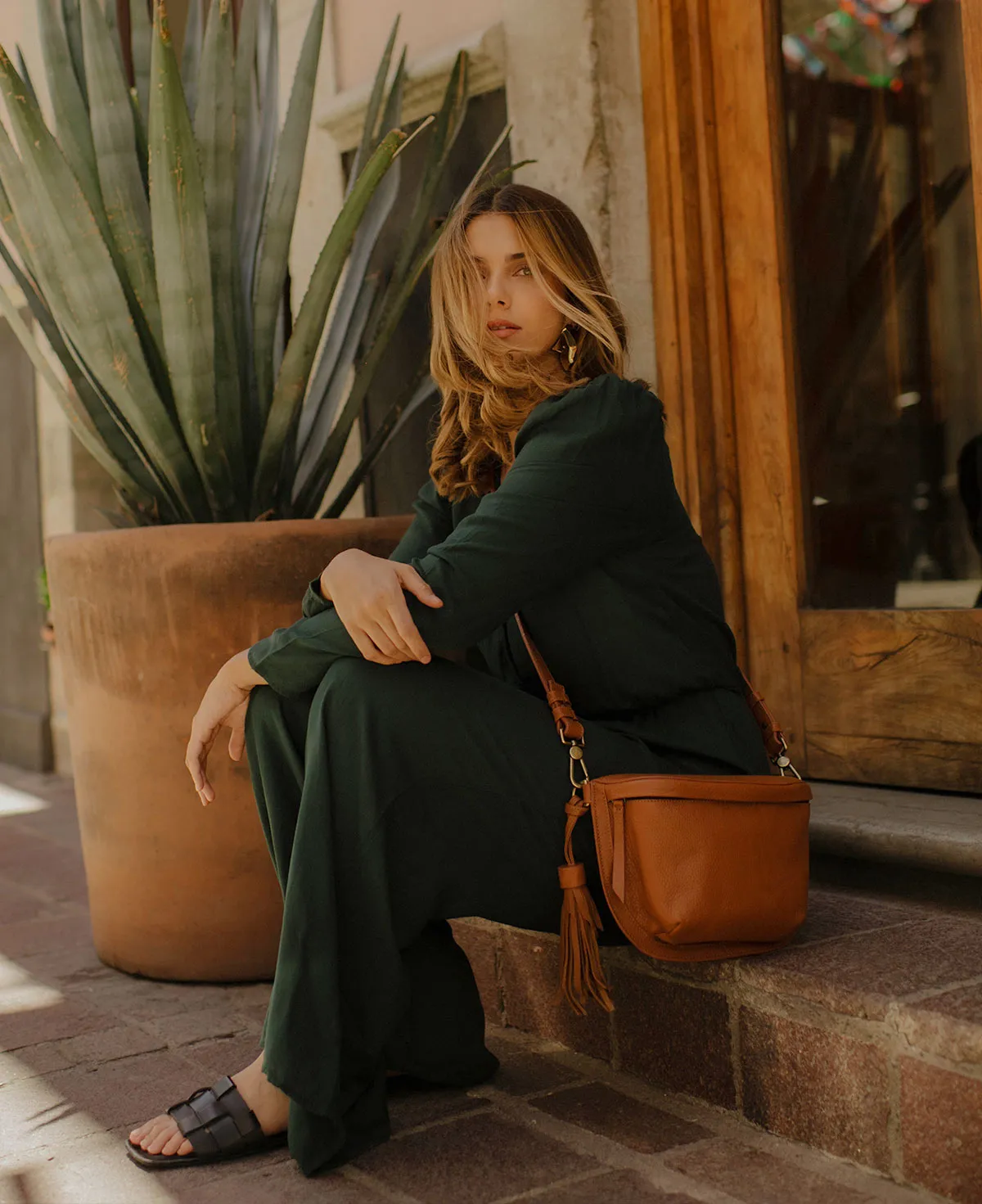Pale Brown Tan Leather Sling Bag Crossbody