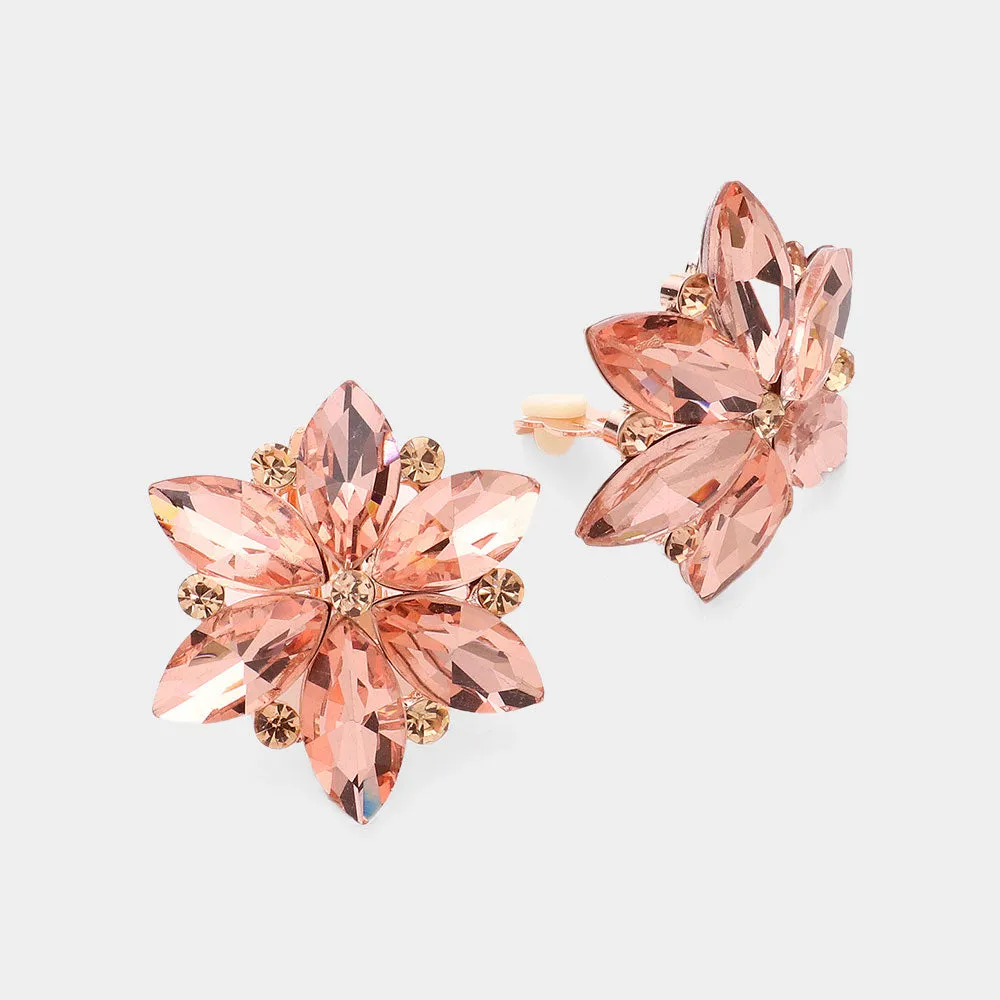 Peach Marquise Stone Cluster Flower Clip On Pageant Earrings   | Interview Clip On Earrings |  631815