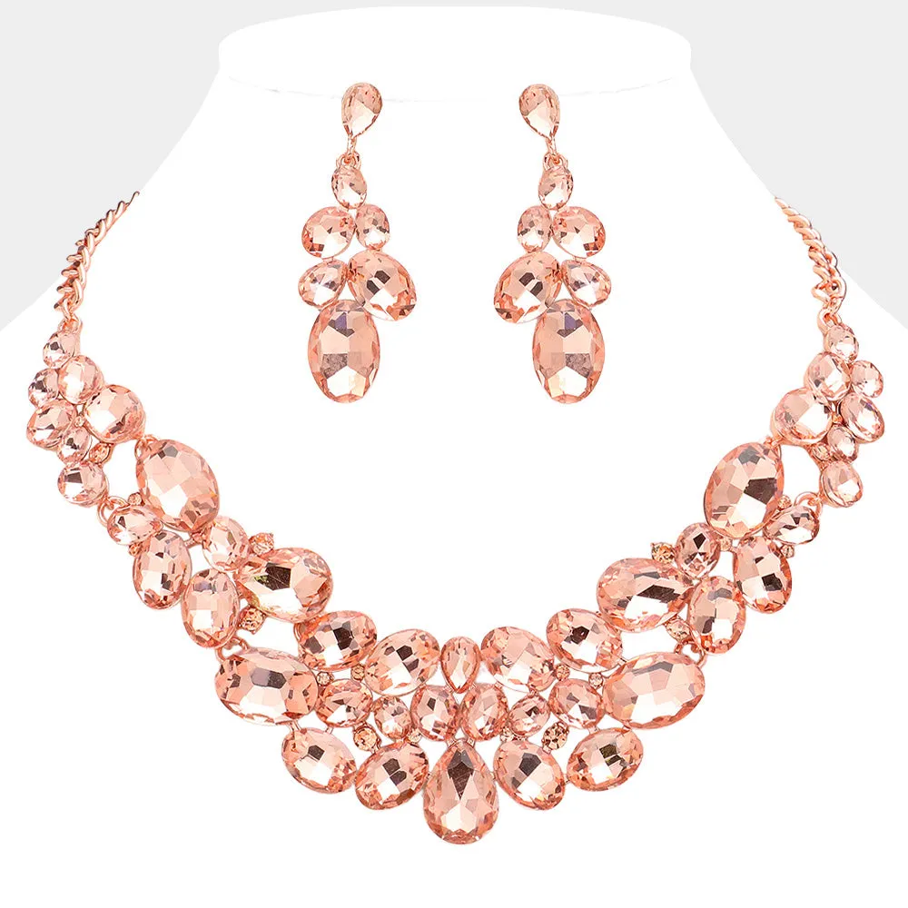 Peach Multi Stone Bubble Cluster Prom Necklace Set on Rose Gold| Evening Necklace with Earrings |  636313