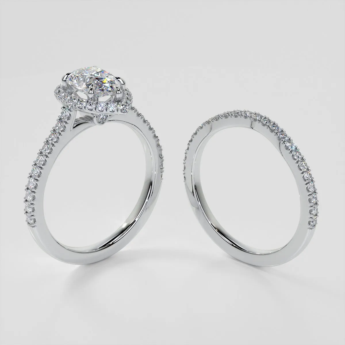 Pear Cut Halo Trio Wedding Set With Accents
