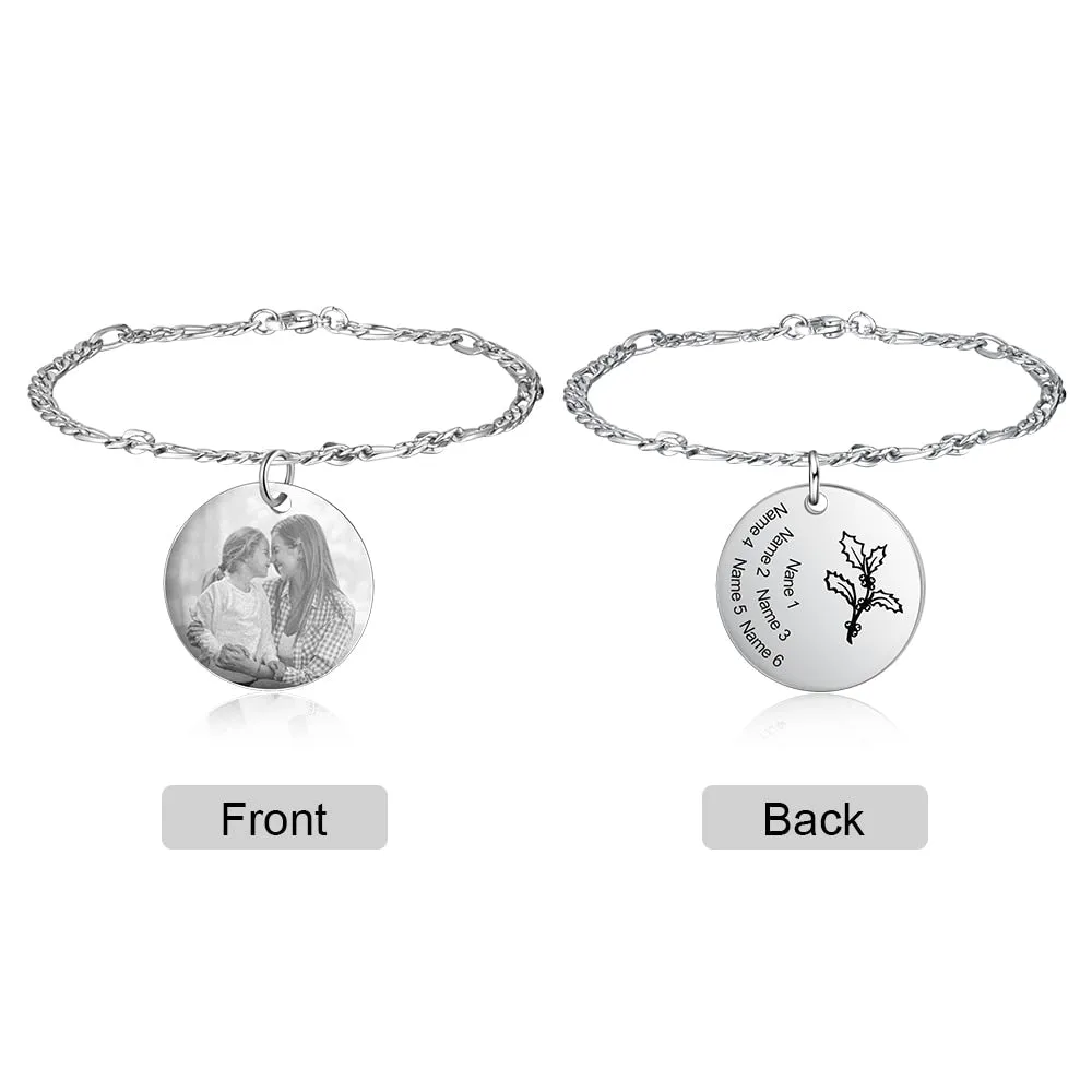 Personalized Birth Flower Bracelets for Women Stainless Steel Custom Photo Engraved Names Chain Bracelet Gifts for Her