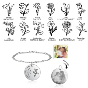 Personalized Birth Flower Bracelets for Women Stainless Steel Custom Photo Engraved Names Chain Bracelet Gifts for Her
