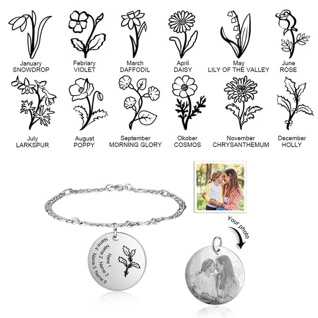 Personalized Birth Flower Bracelets for Women Stainless Steel Custom Photo Engraved Names Chain Bracelet Gifts for Her