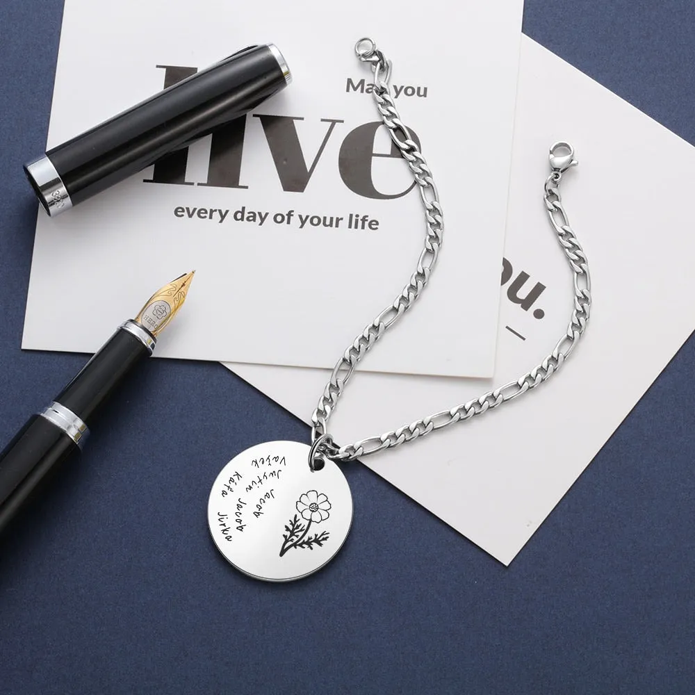 Personalized Birth Flower Bracelets for Women Stainless Steel Custom Photo Engraved Names Chain Bracelet Gifts for Her
