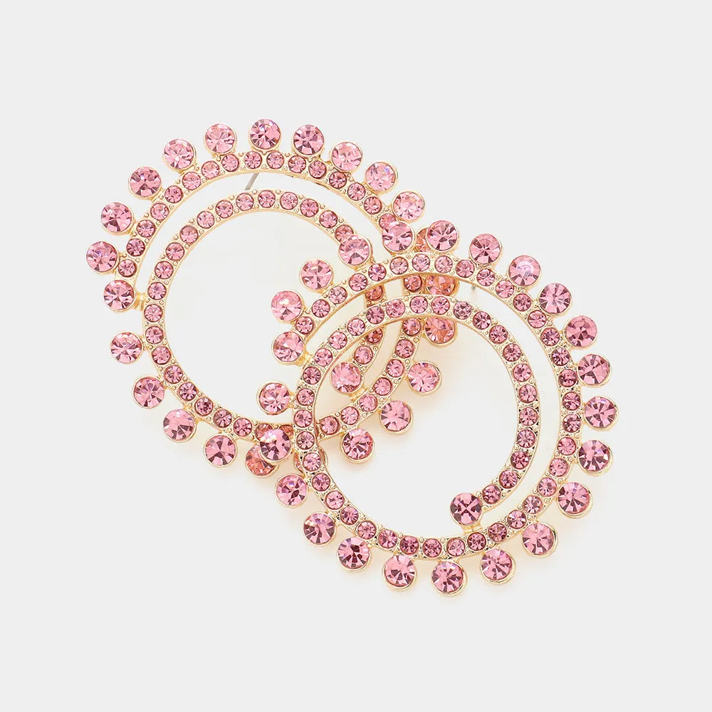 Pink Crystal Cluster Swirl Round Pageant Earrings  | Evening Earrings | 604451