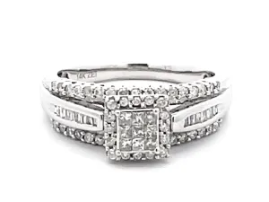 Princess Cut Diamond Cluster Center Engagement Ring 14k White Gold