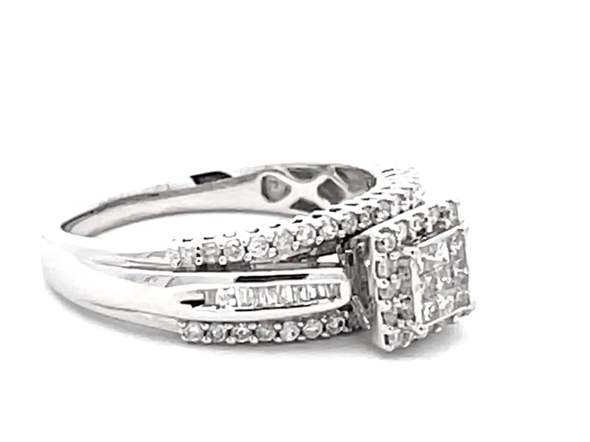 Princess Cut Diamond Cluster Center Engagement Ring 14k White Gold