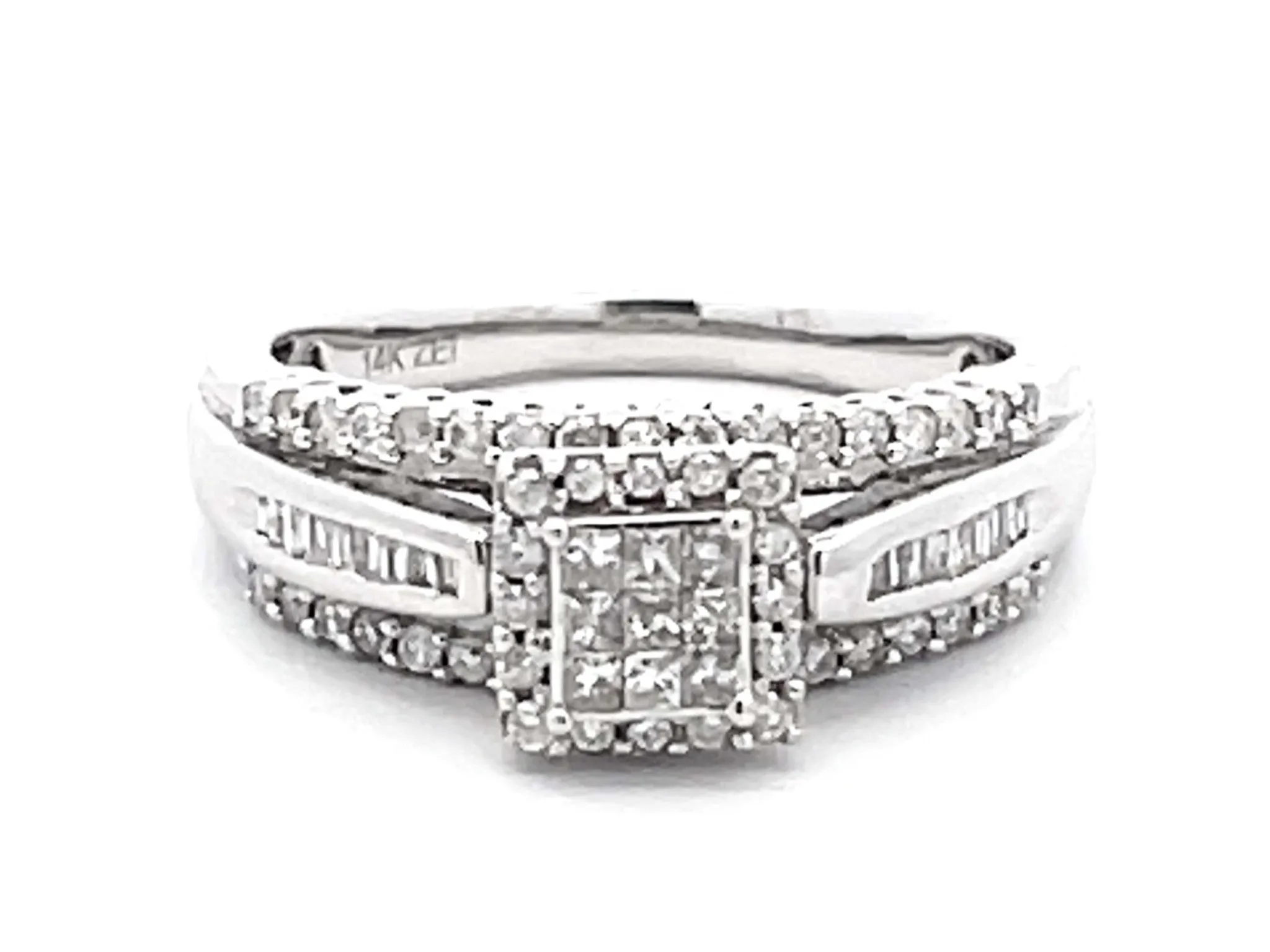 Princess Cut Diamond Cluster Center Engagement Ring 14k White Gold