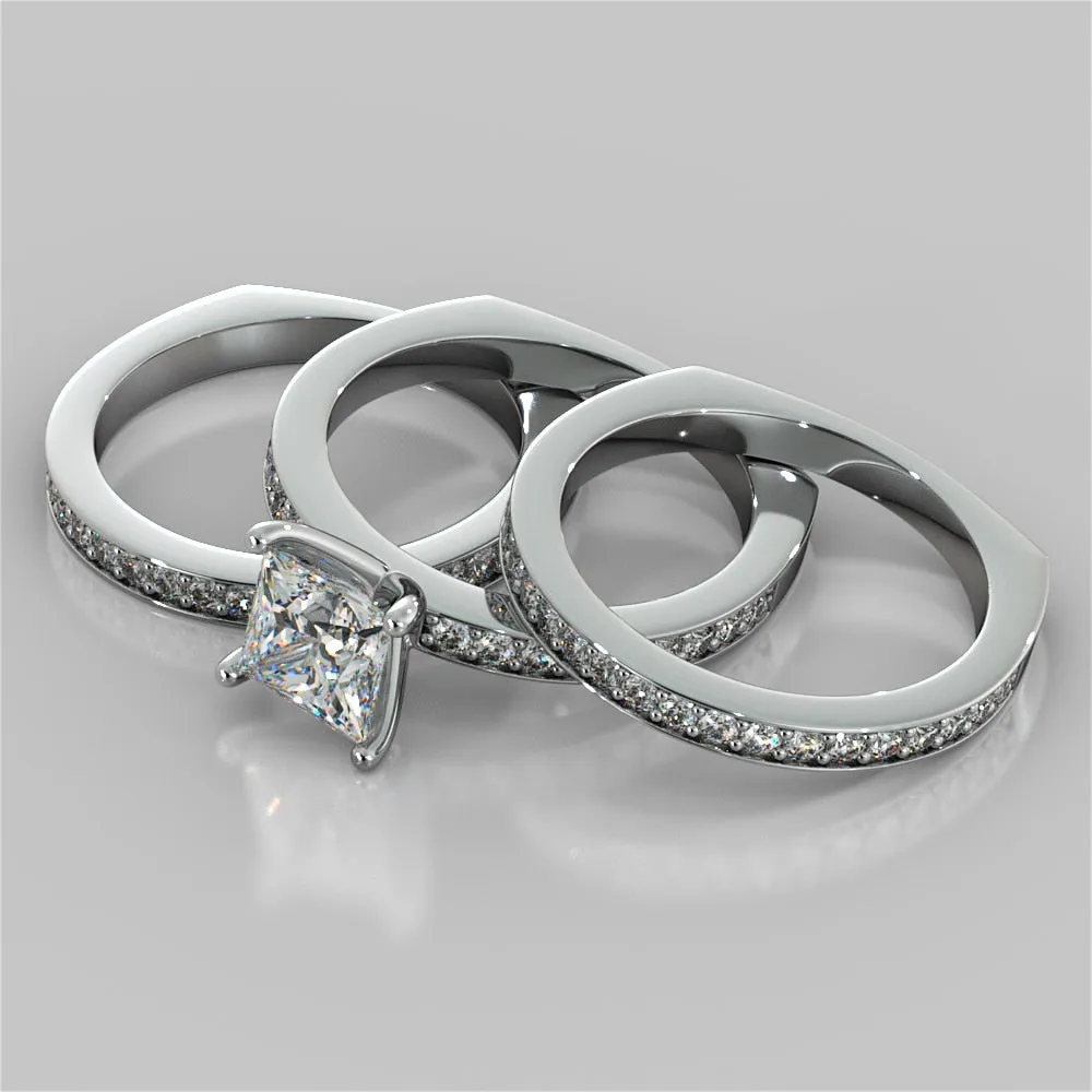 Princess Cut Euro Style Wedding Set With 2 Matching Bands