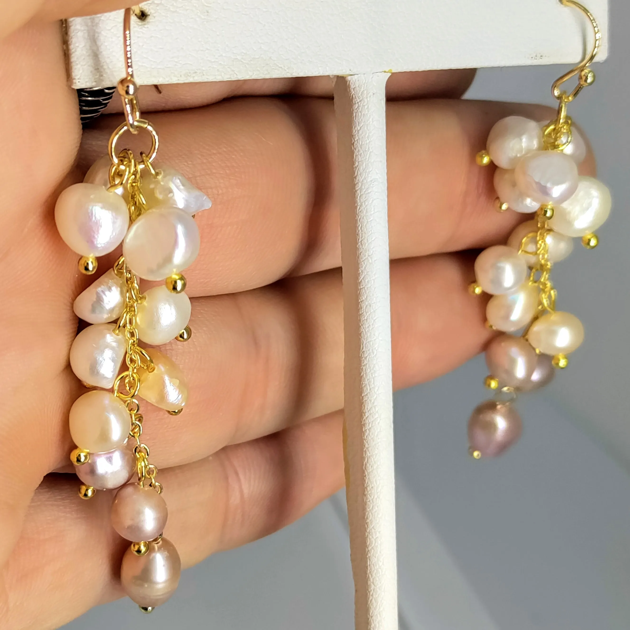 "Champagne Fizz" 2.75" Earrings - Pearls, Gold Sterling