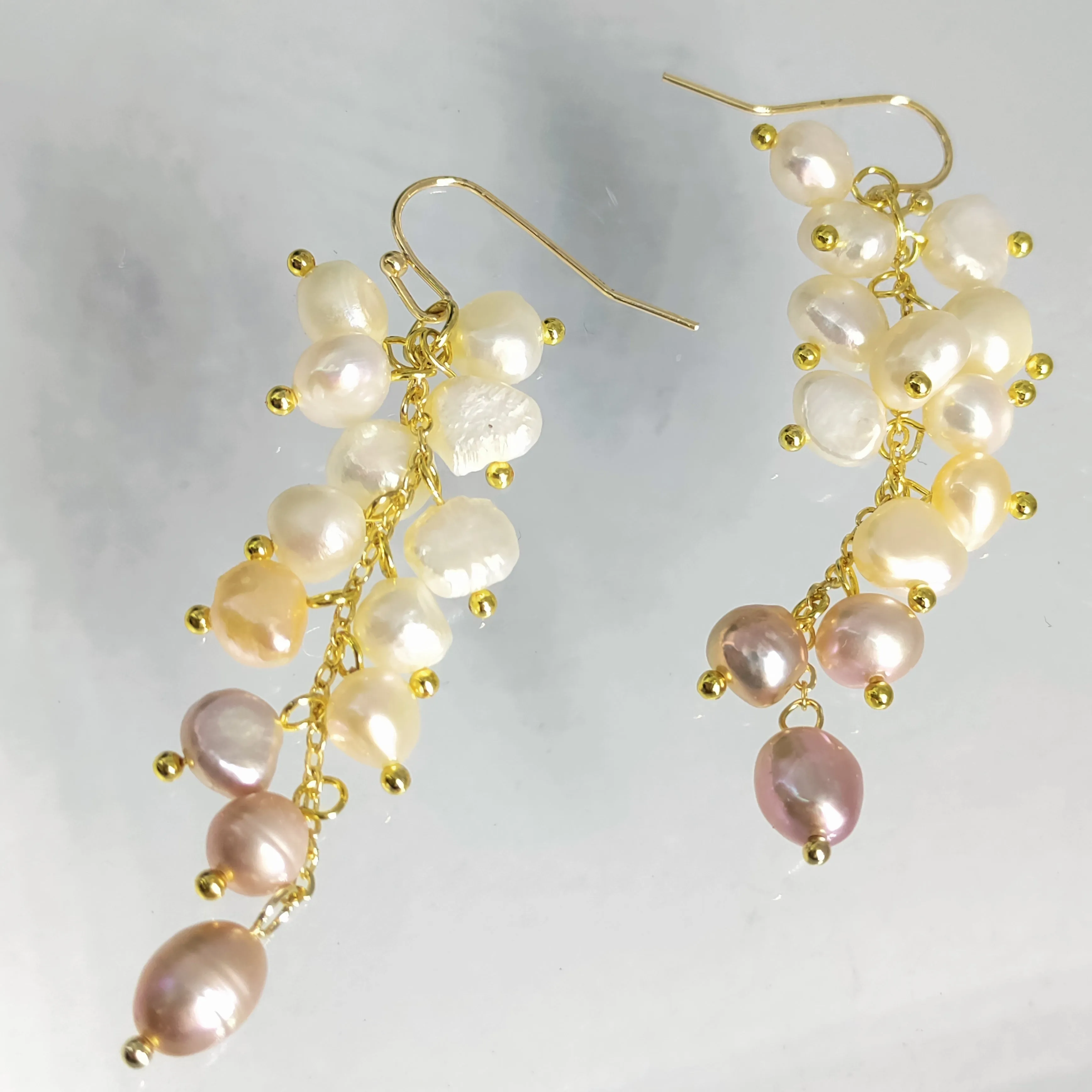"Champagne Fizz" 2.75" Earrings - Pearls, Gold Sterling
