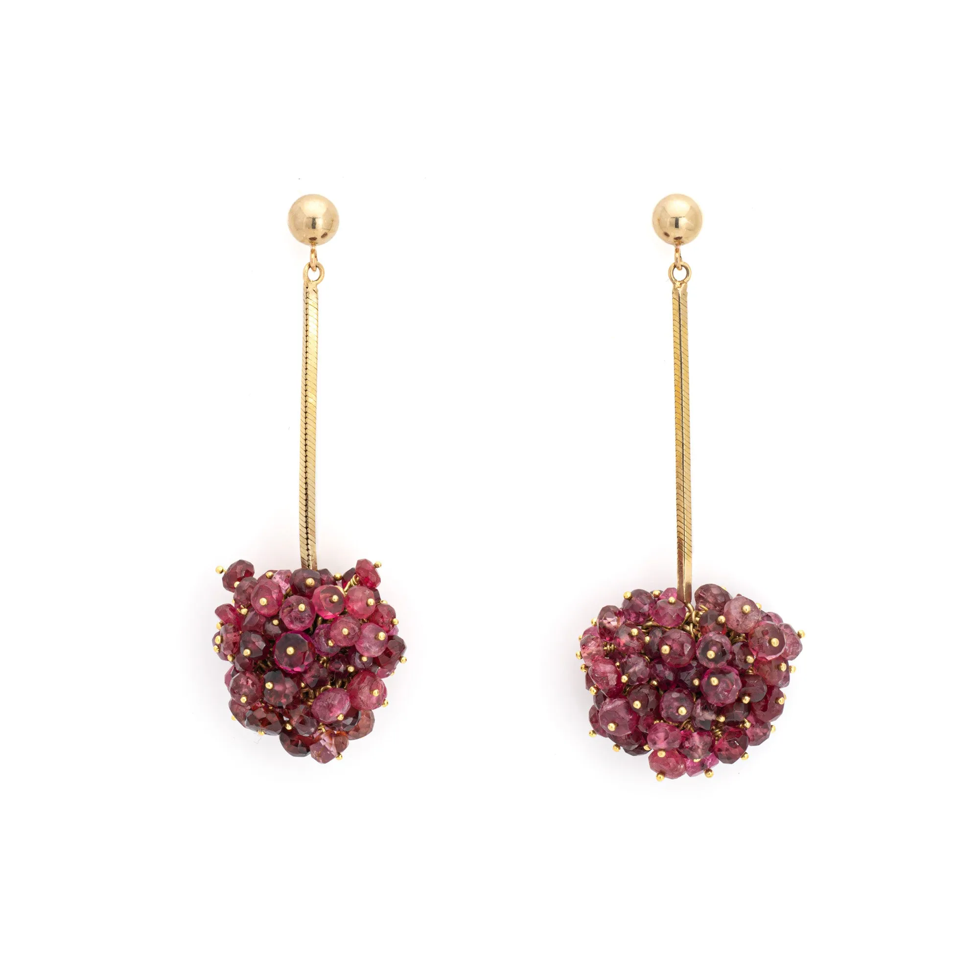 Raspberry Drop Earrings Pink Tourmaline Cluster Vintage 14k Yellow Gold 2" Drops