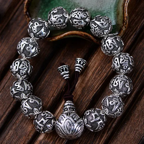 Real Solid 925 Sterling Silver Bracelets Beaded Buddha Beads Elastic Jewelry