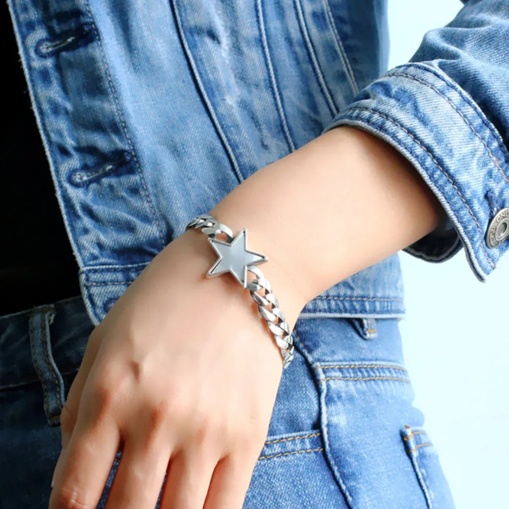 Real Solid 925 Sterling Silver Bracelets Cuban Link Chain Star Pentagram Jewelry 8.7"