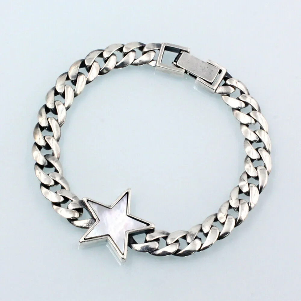 Real Solid 925 Sterling Silver Bracelets Cuban Link Chain Star Pentagram Jewelry 8.7"