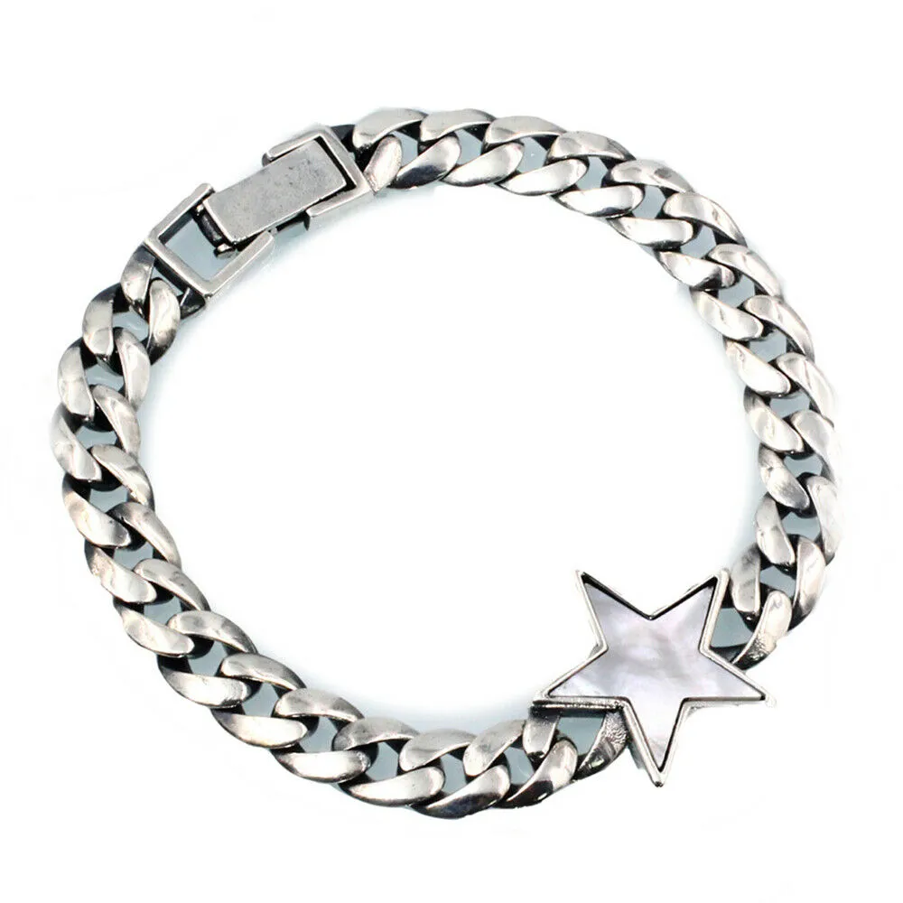 Real Solid 925 Sterling Silver Bracelets Cuban Link Chain Star Pentagram Jewelry 8.7"