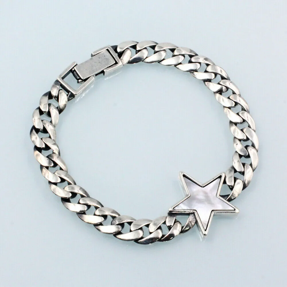 Real Solid 925 Sterling Silver Bracelets Cuban Link Chain Star Pentagram Jewelry 8.7"