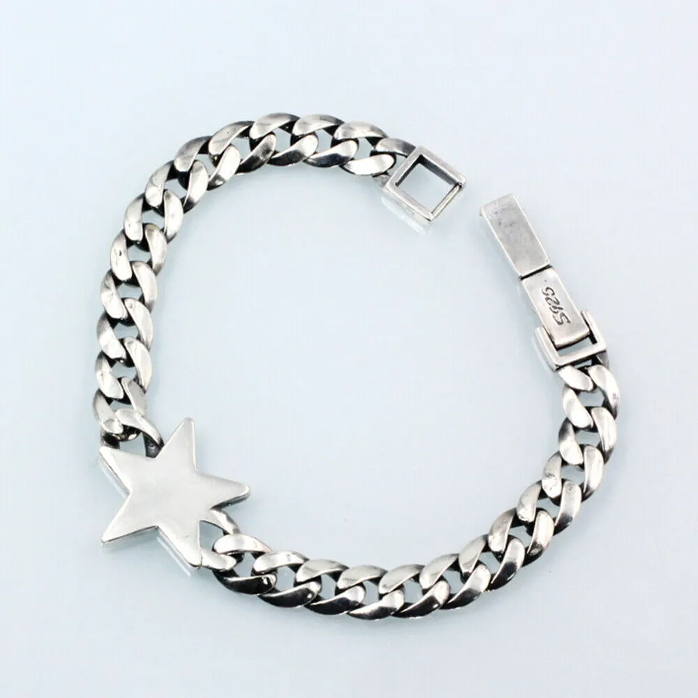 Real Solid 925 Sterling Silver Bracelets Cuban Link Chain Star Pentagram Jewelry 8.7"
