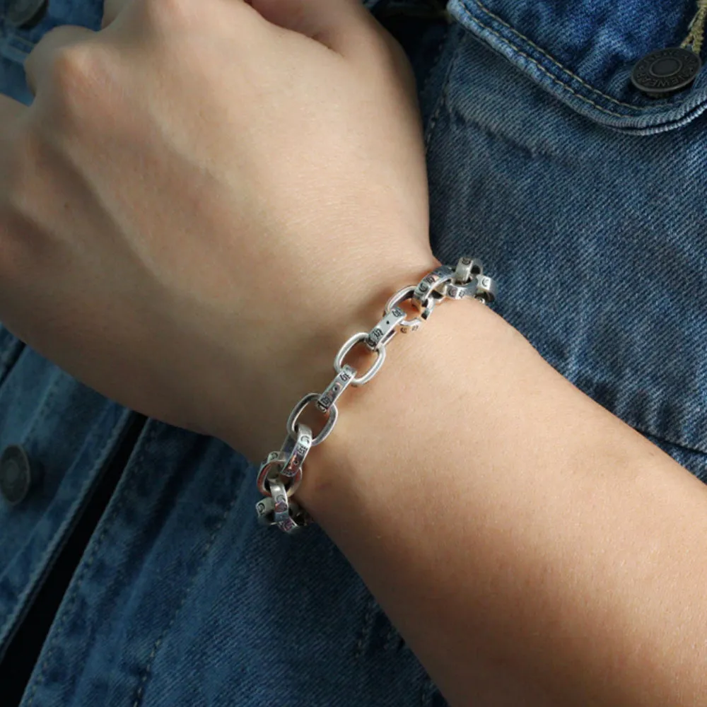 Real Solid 925 Sterling Silver Bracelets Oval Link Lettering Punk Jewelry 7.9"
