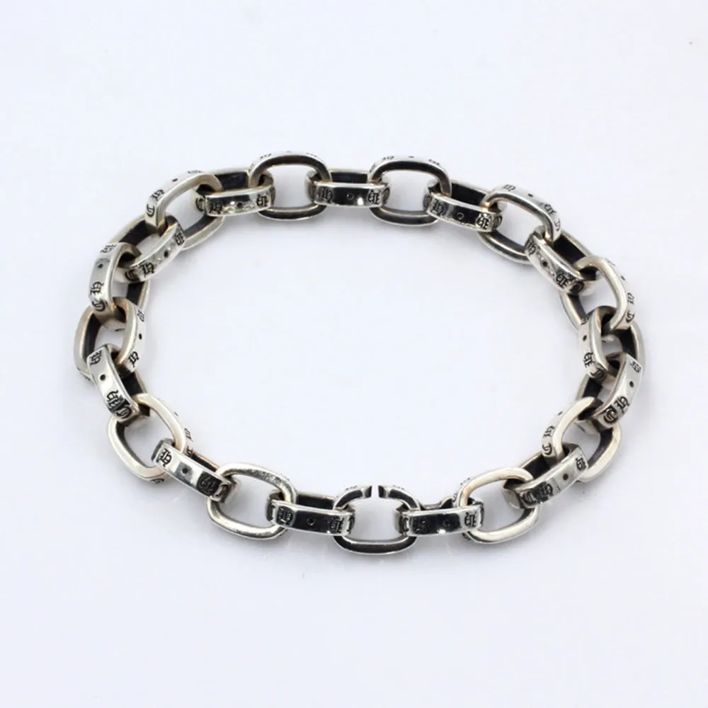 Real Solid 925 Sterling Silver Bracelets Oval Link Lettering Punk Jewelry 7.9"