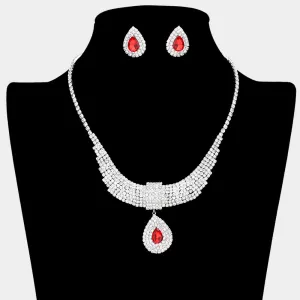 Red Crystal Teardrops with Rhinestone Cluster Accents Evening Necklace | Prom Necklace Set |  634511